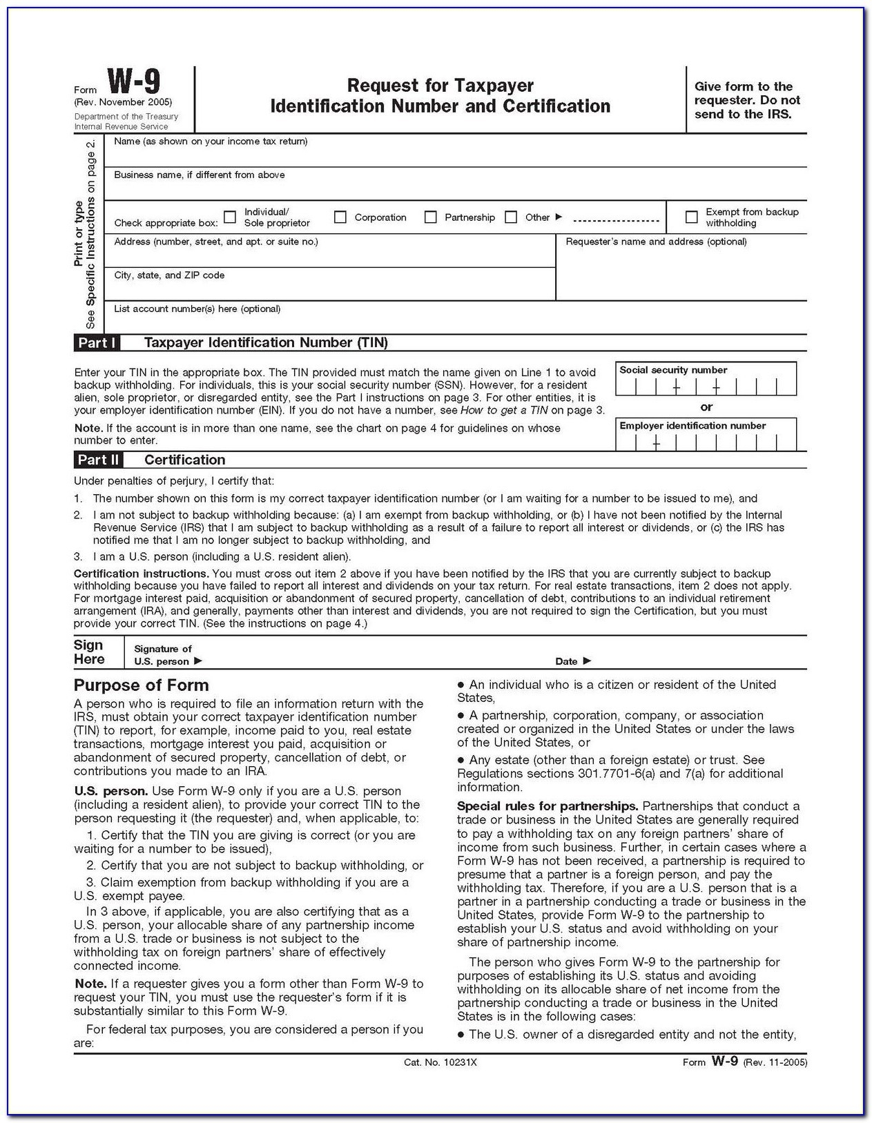 Blank W9 Tax Form